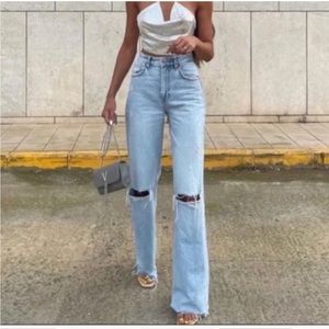 Zara light wash wide leg full length ripped jeans mid rise